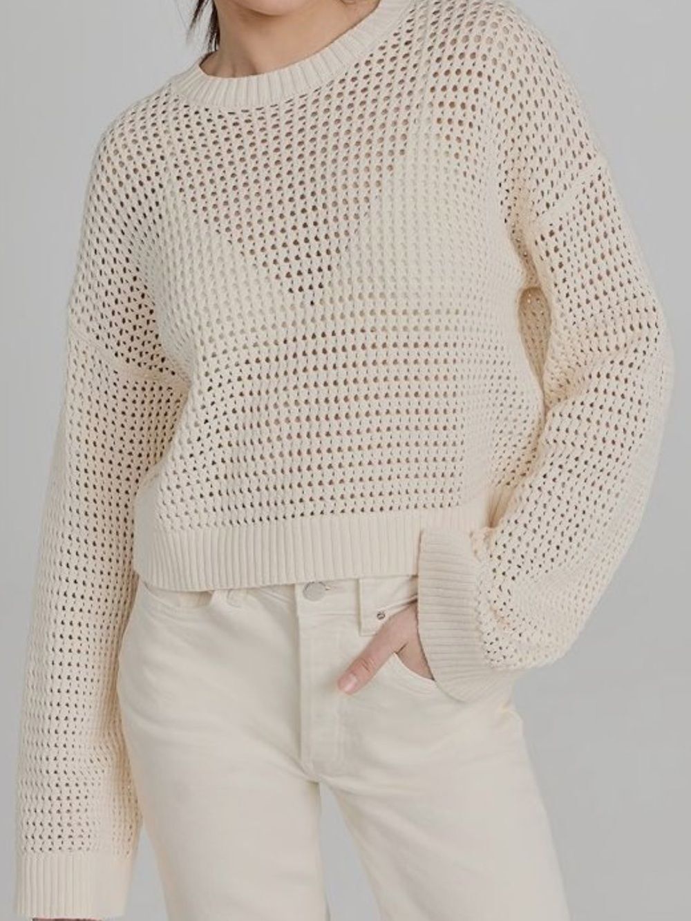 NSF Women's Beige Cotton "Blayne" Crochet Crop Crewneck Sweater Size P